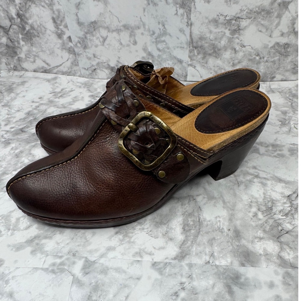 Frye Candice Woven Clog Mules Dark Brown Leather Buckle 76130 Womens 9M